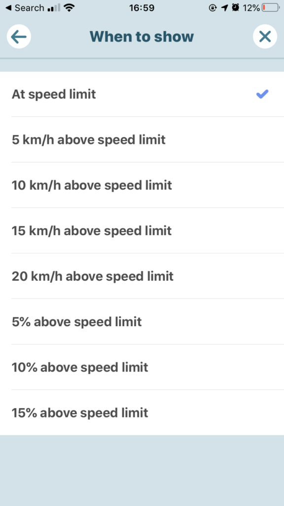 Screenshot showing different settings for a speed alert