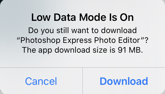 Screenshot showing file size is to big when Low Data Mode is enabled