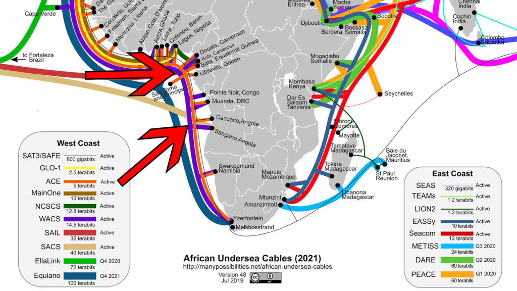 Africa under sea cable map with arrows showing where breaks are