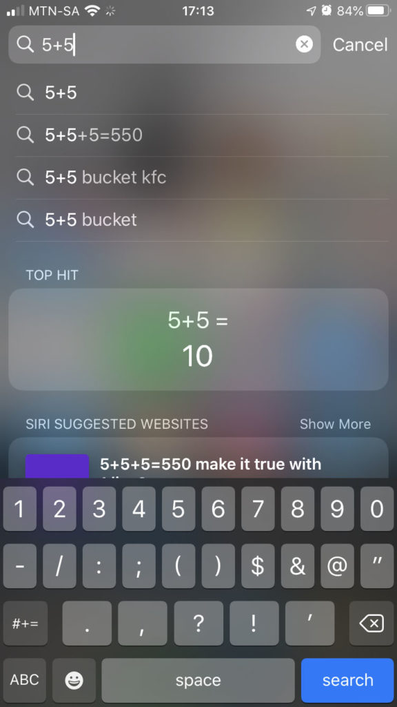 Screenshot of using calculator on homescreen with result