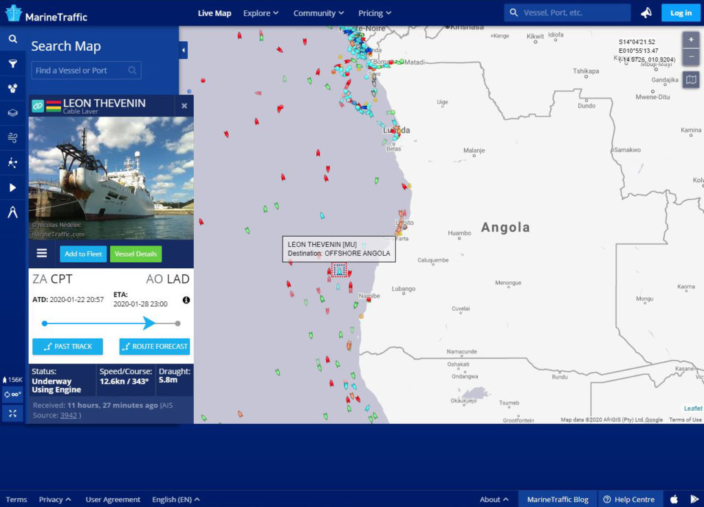 Screenshot from Marine Traffic showing the position of the Leon Thevenin off the South coast of Angola