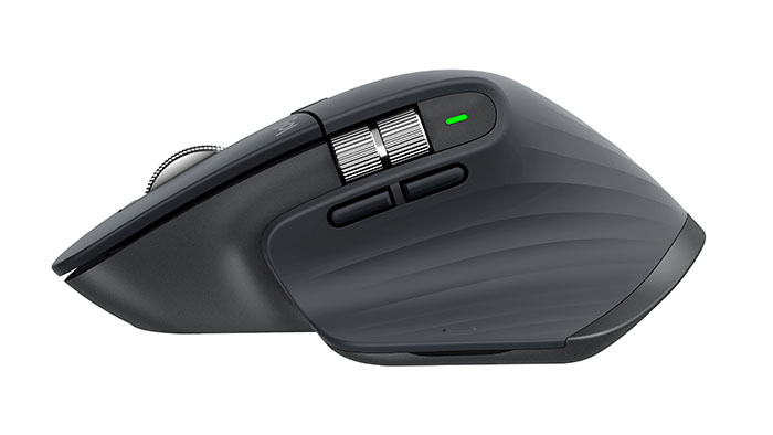 Logitech M X Master 3 from side with horisontal scroll wheel, back and forward buttons and indicator light visible
