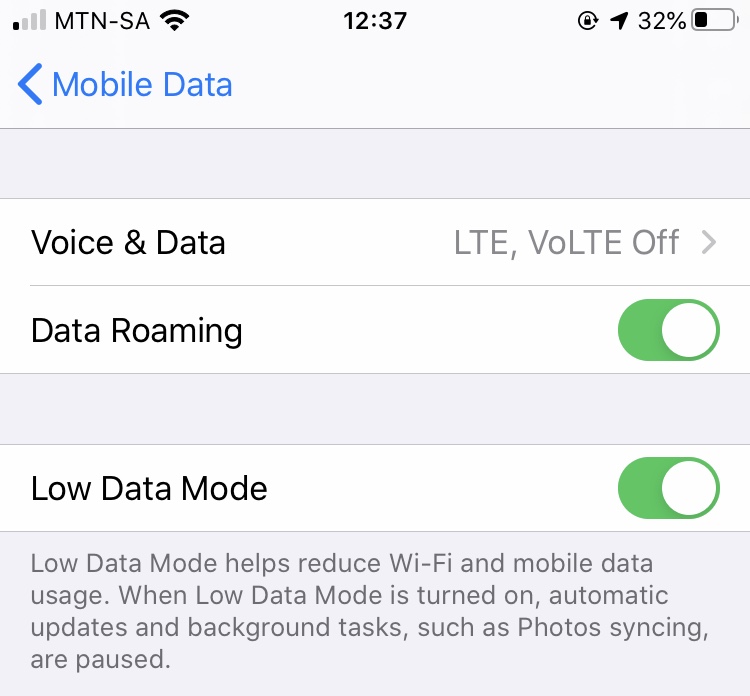 Screenshot showing Low Data Mode switch for Mobile Data