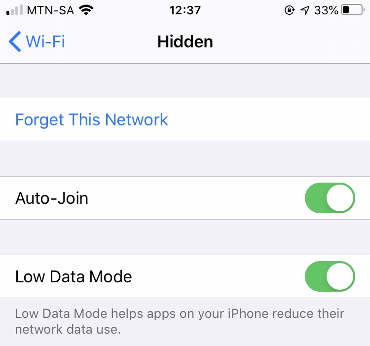 Screenshot showing Low Data Mode switch for Wi-Fi