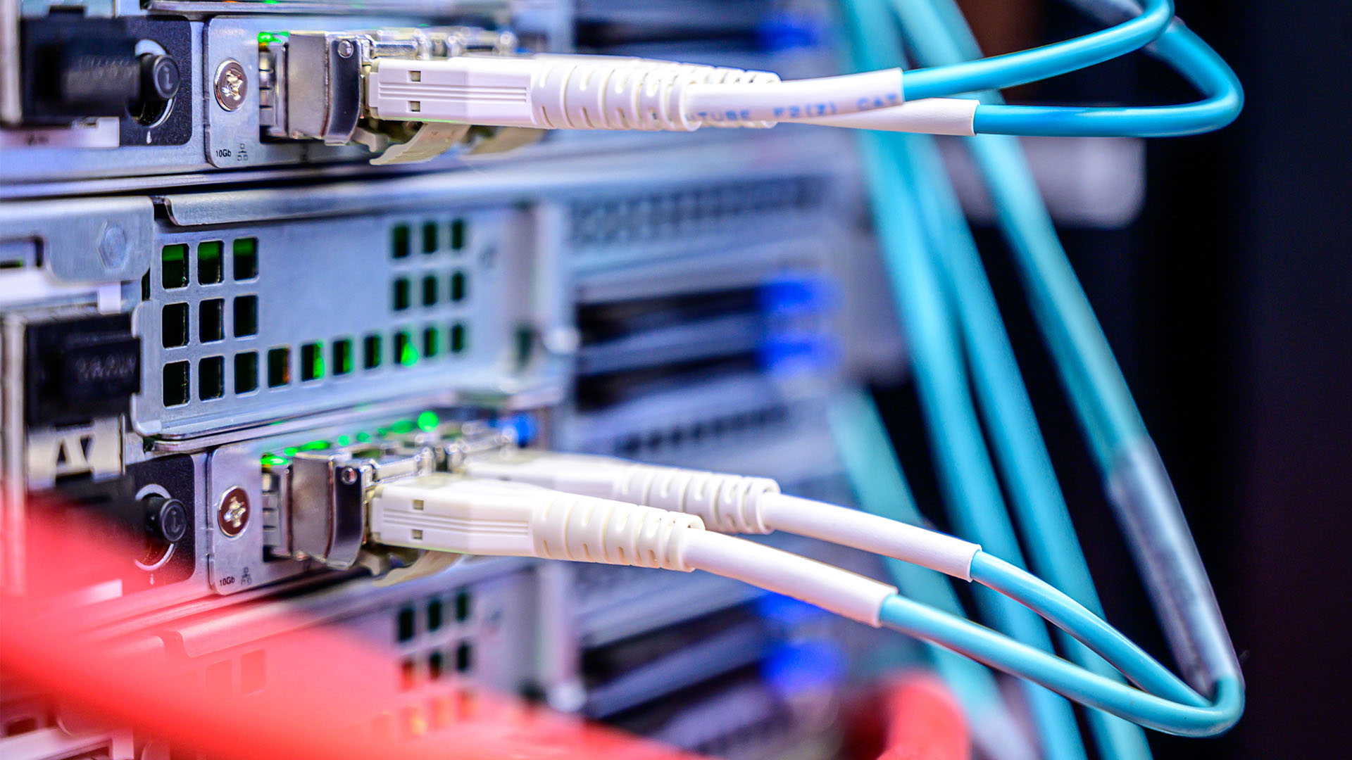 Blue fibre cables plugged into server