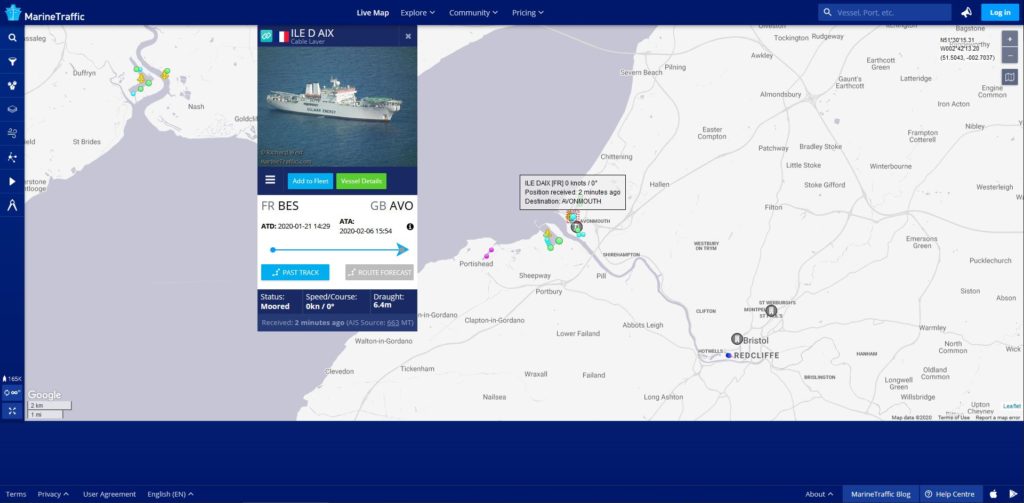 Screenshot from Marine Traffic showing the Ile D Aix vessel docked in Avonmouth Port in the U K