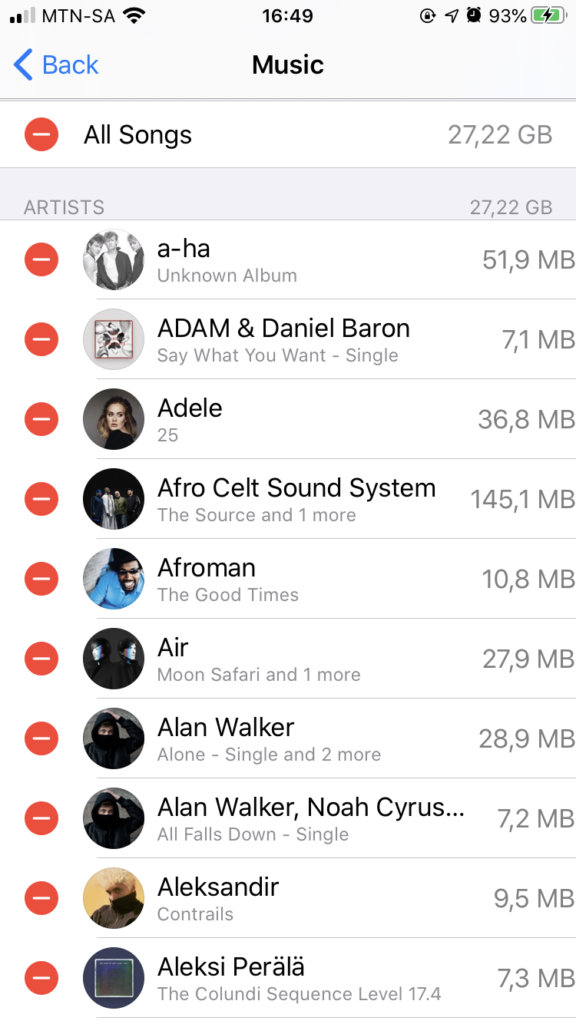 Screenshot of Music app with red circles and minus signs