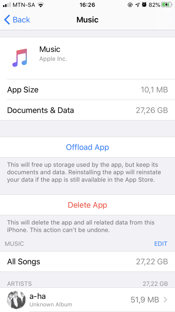 Screenshot of Music app storage analysis