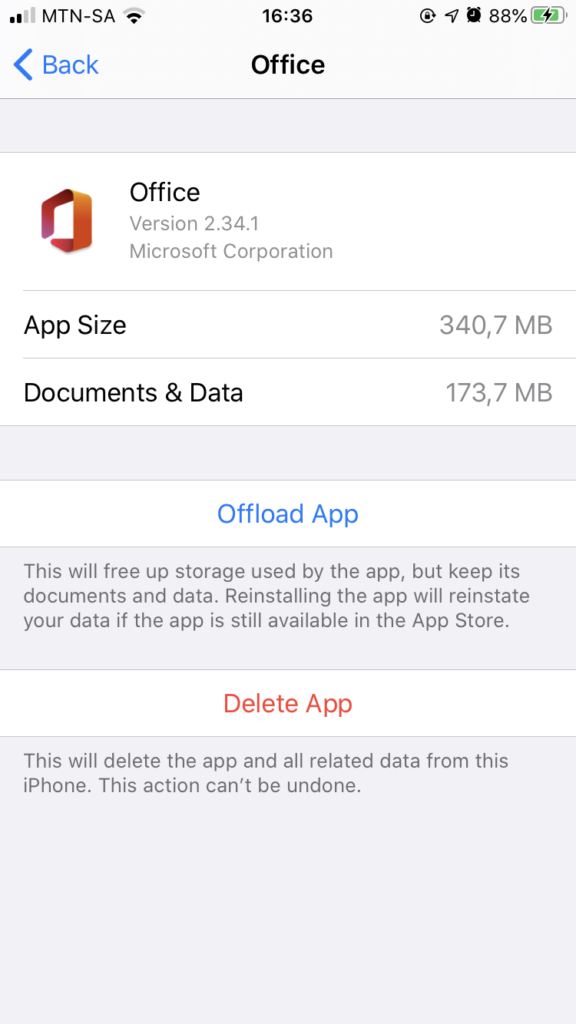 Screenshot of Microsoft Office app storage analysis