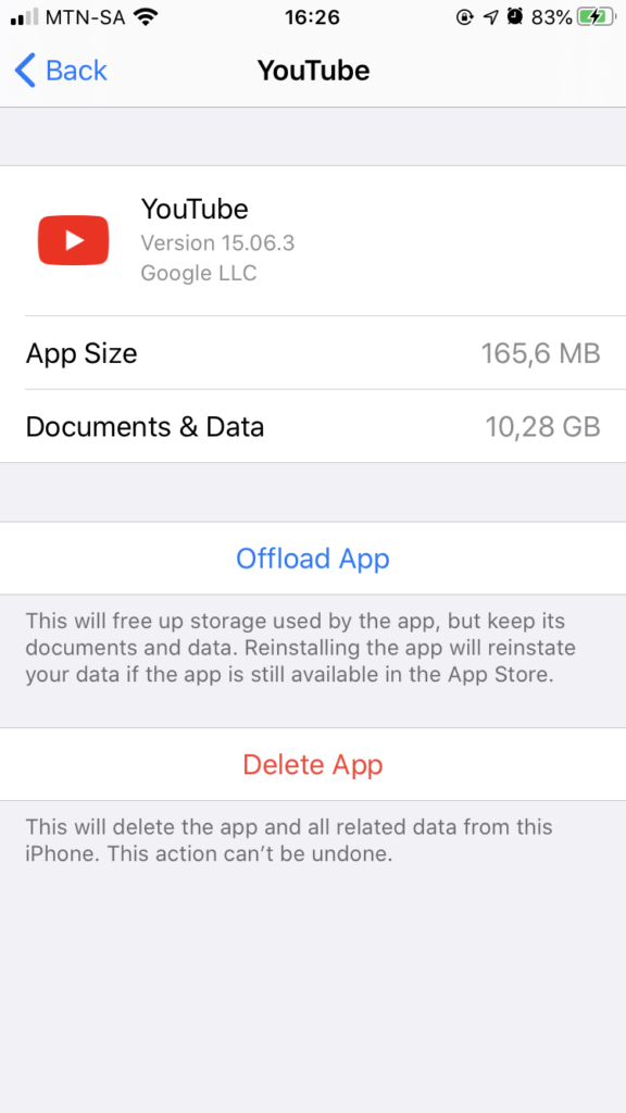 Screenshot of YouTube app storage analysis