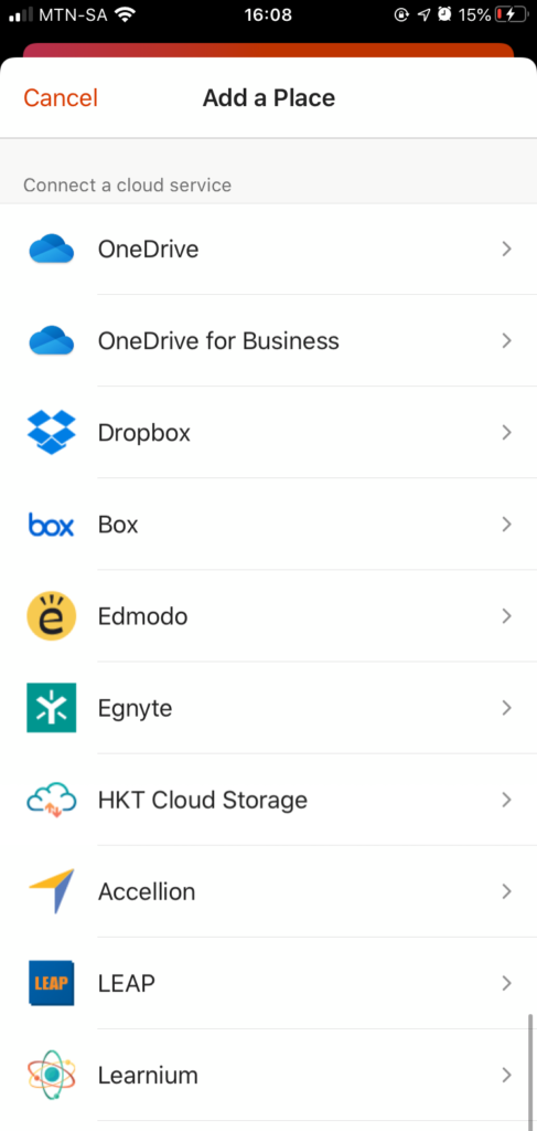 Screenshot 1 of 2 of suppported cloud services in the new Office app
