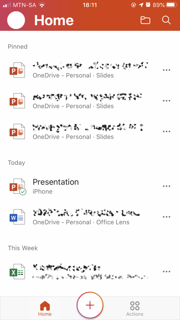 Screenshot of Office mobile app home screen
