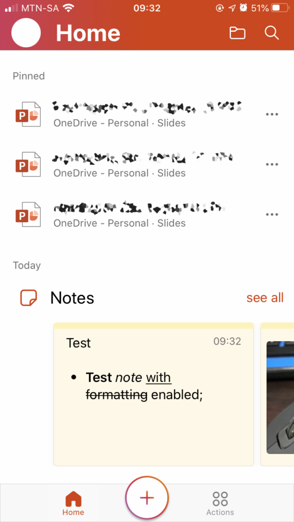 Screenshot of notes displayed in home tab