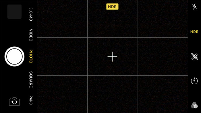 Screenshot of H D R in written in yellow block at top of screen in the camera app telling the user it is active 