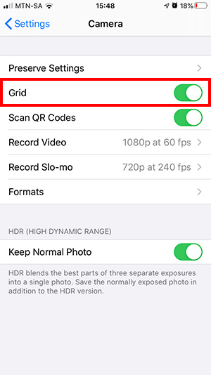 Screenshot of grid switch in camera settings