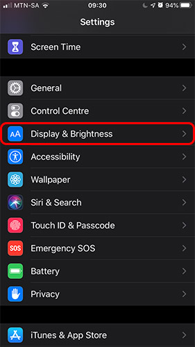 Screenshot of Settings showing Display and Brightness