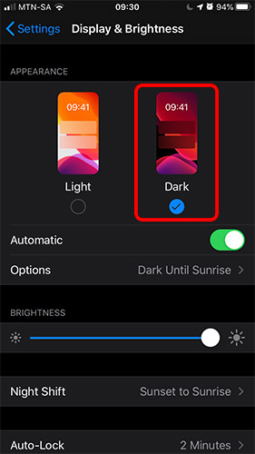 Screenshot of Display and Brightness Settings with Dark activated