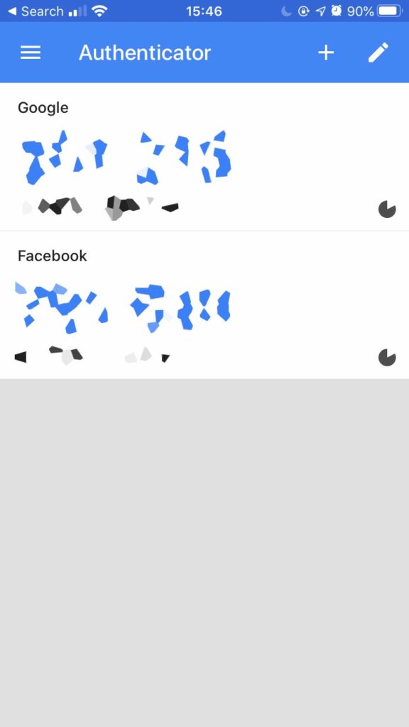 Screenshot of Google Authenticator showing Google and Facebook account options with scrambled blue numbers