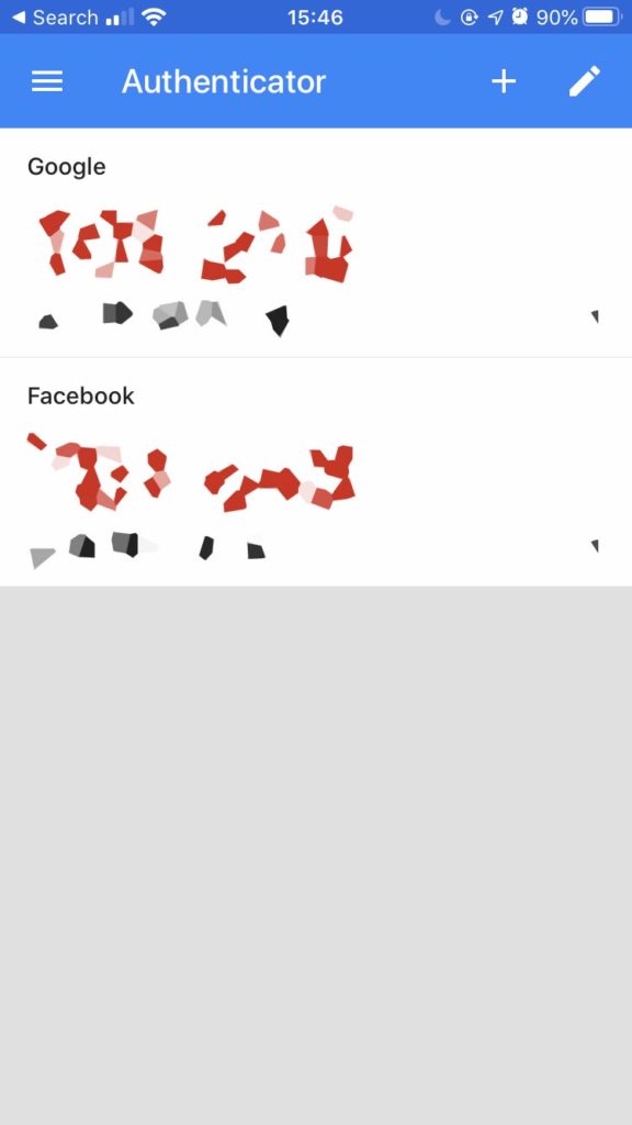 Screenshot of Google Authenticator showing Google and Facebook account options with scrambled red numbers